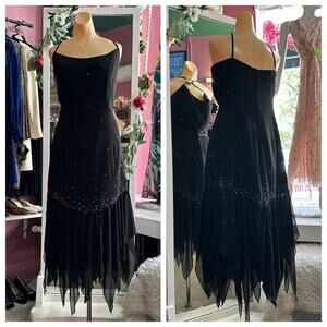 Vintage 90s Y2K Beaded Fairy Mini Dress Black Strappy Cocktail Party Whimsy L/XL